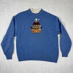 Top Stitch Blue Double Collared Pullover Sweater Embroidered Noak's Ark Womens L